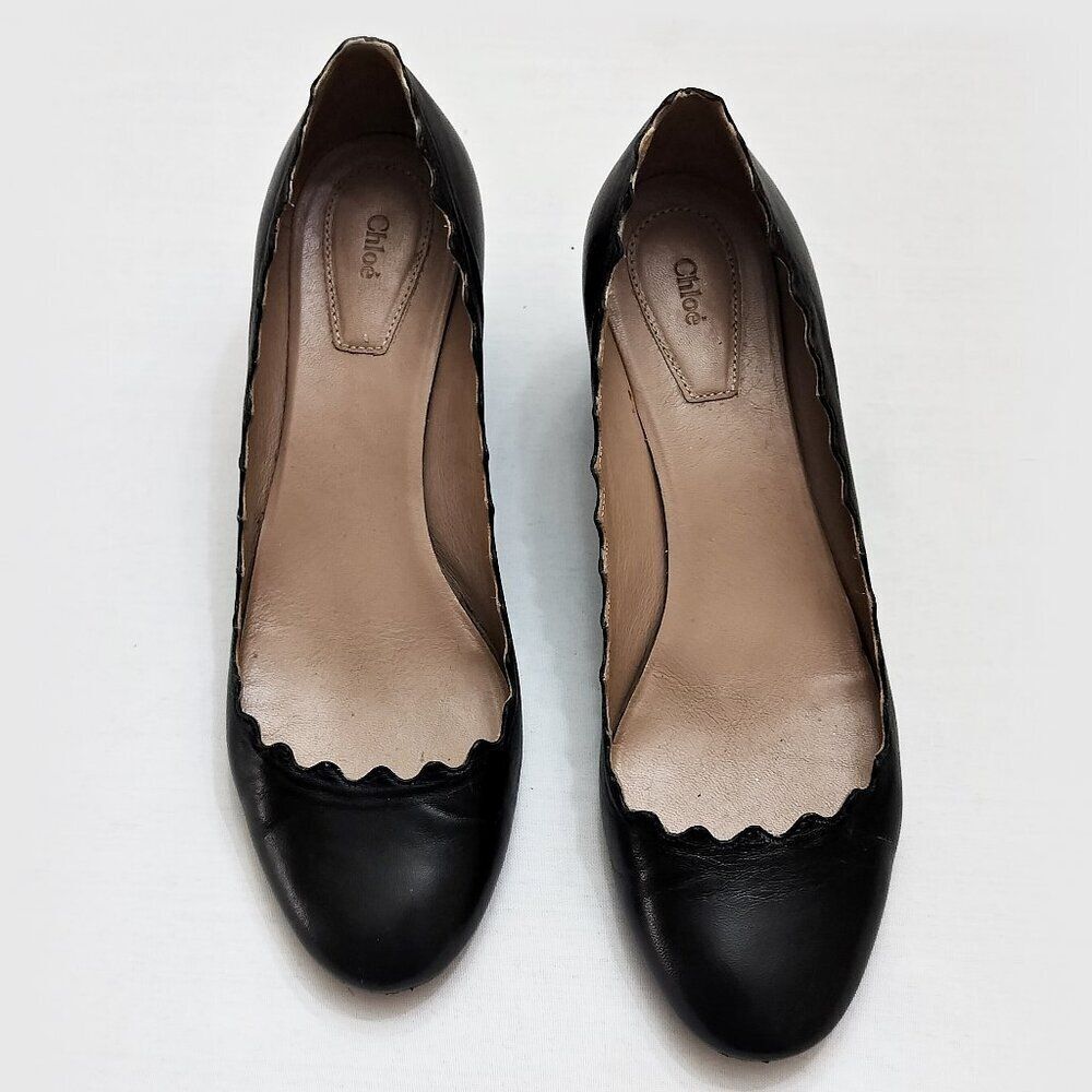 CHLOE Lauren Scalloped Leather Pumps Curved Block Heels Slip On 37.5 / 7.5 Black - Picture 4 of 16